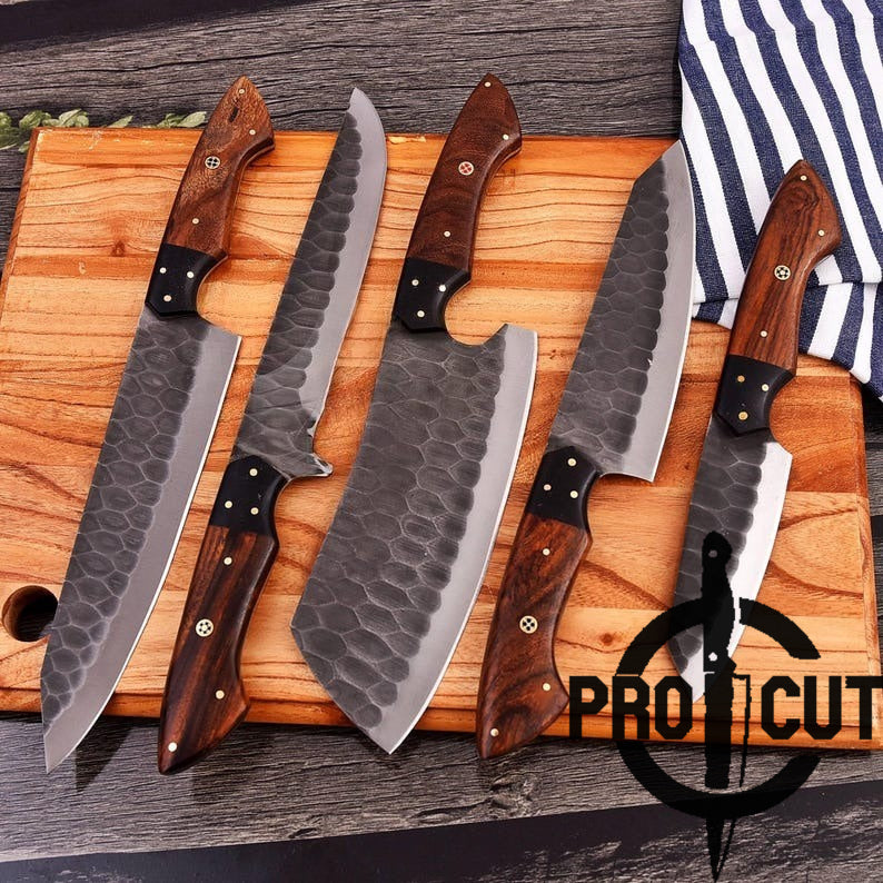 Pro Cut Ripple Guardian - Handmade Stainless Steel Chef Set with Rosewood Handle