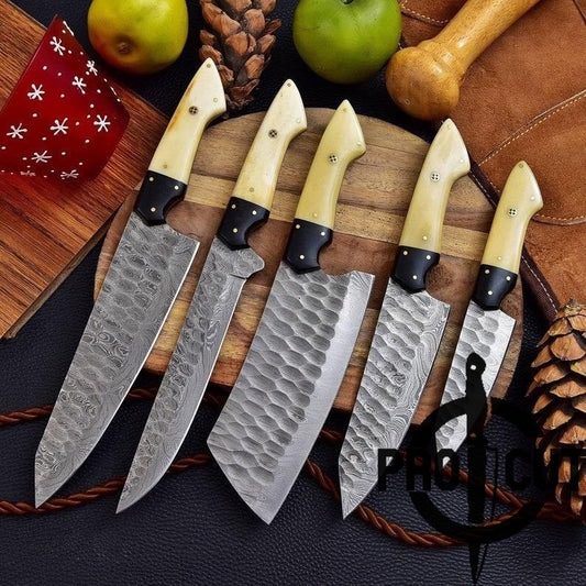 Pro Cut Forge Heart Damascus Steel Chef Set - Camel Bone Handle