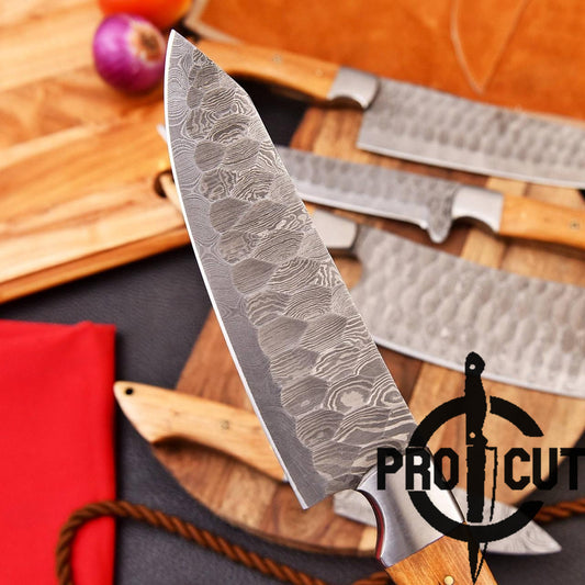 Pro Cut Forge Heart Damascus Steel Chef Set - Olive Wood Handle