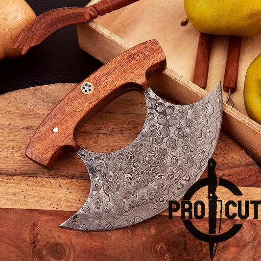 Pro Cut Shadow Wave - Hand Forged Damascus Steel Ulu Kitchen Knife with Rosewood Handle