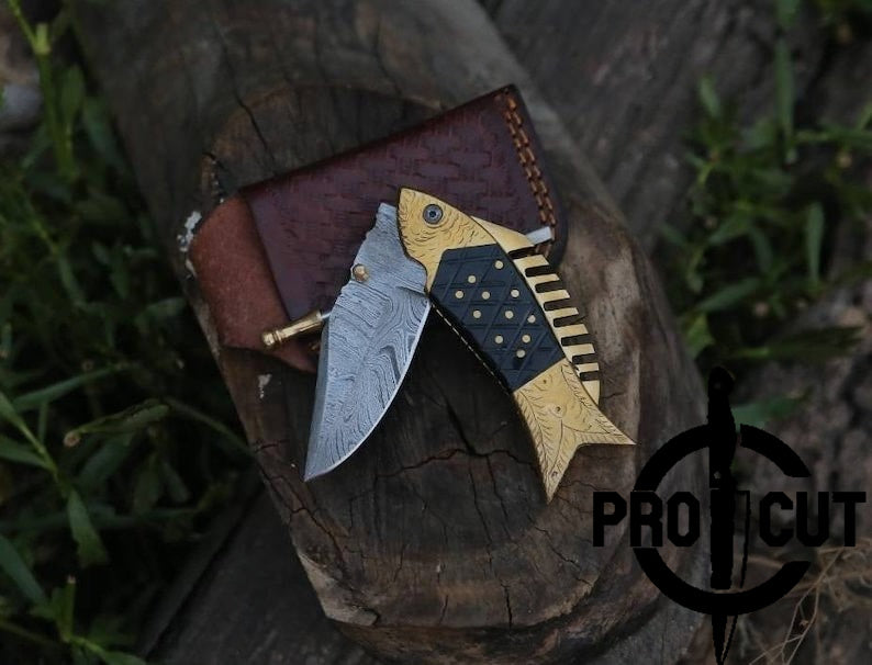 Pro Cut Trout Cutter - Hand Engraved Fish Pocket Folding Damascus Knife | Best Knife Gift for Anniversary & Birthday