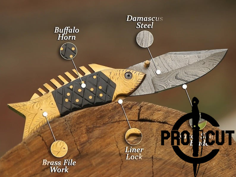 Pro Cut Trout Cutter - Hand Engraved Fish Pocket Folding Damascus Knife | Best Knife Gift for Anniversary & Birthday