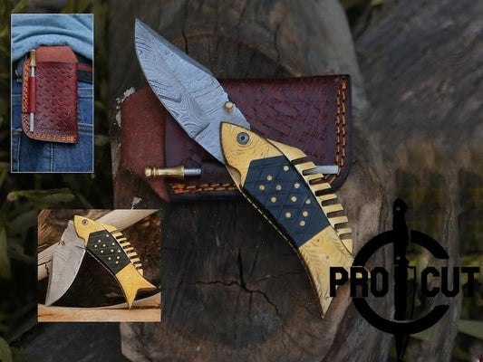 Pro Cut Trout Cutter - Hand Engraved Fish Pocket Folding Damascus Knife | Best Knife Gift for Anniversary & Birthday