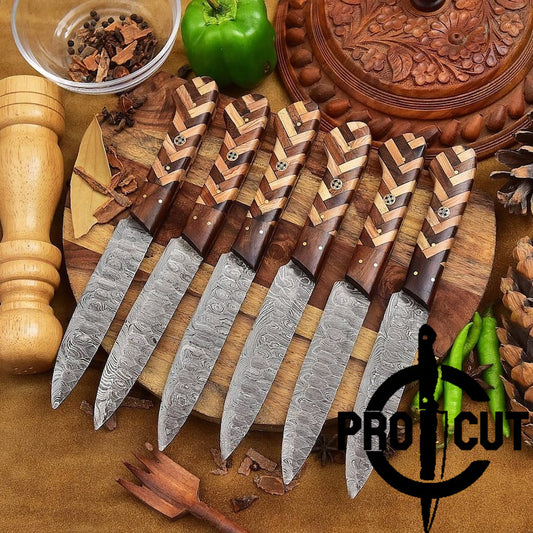 Pro Cut Hammered Forge - Hand Forged Damascus Steel BBQ Culinary Steak Knives Set | Thanksgiving Gift