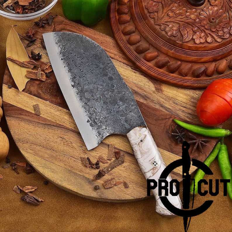 Pro Cut Hand Forged Stainless Steel Serbian Cleaver Knife with Epoxy Resin Handle - Heavy Duty Meat Chopping Knife