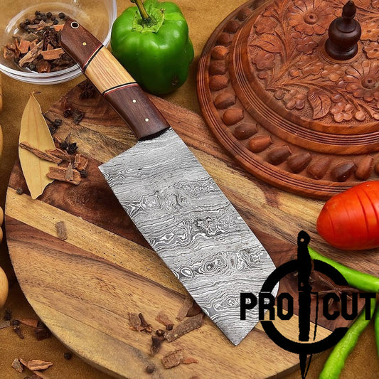 Pro Cut Hand Forged Authentic Damascus Steel Cleaver Kitchen Knife, Damascus Cleaver Knives Heavy Duty
