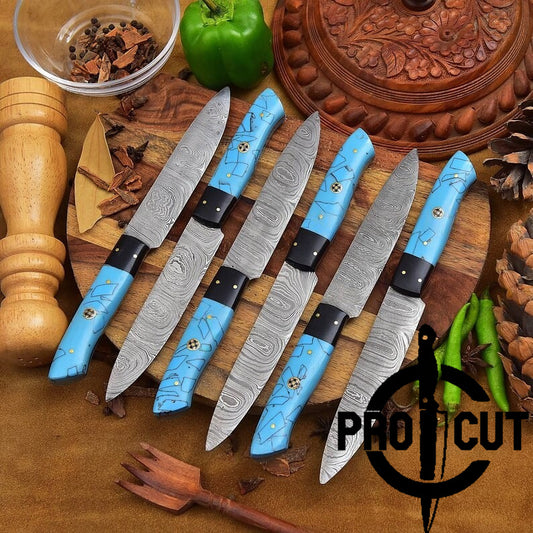 Pro Cut Hammered Forge - 6 Pcs Damascus Steel Full Tang Culinary Steak BBQ Knives Set