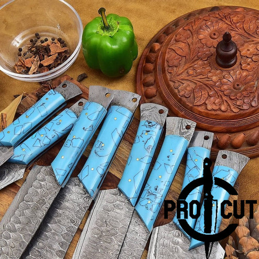 Pro Cut Damascus Empror - 8 Pcs Premium Handmade Damascus Steel Full Tang Kitchen Chef Set