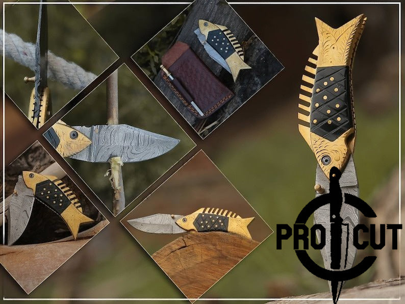 Pro Cut Trout Cutter - Hand Engraved Fish Pocket Folding Damascus Knife | Best Knife Gift for Anniversary & Birthday