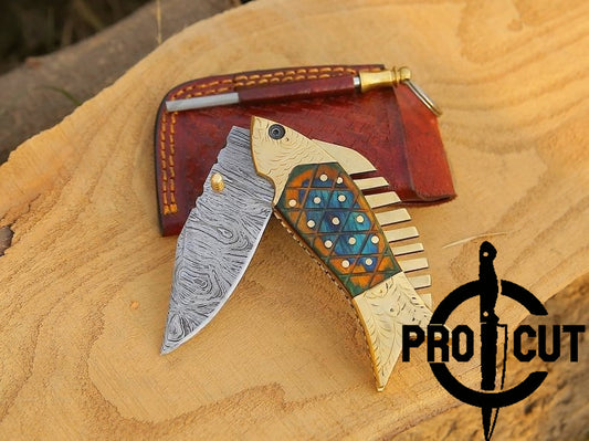 Pro Cut Trout Cutter - Handmade Damascus Pocket Knife Fish Folding knife Gift for men, Women on Birthday, Wedding Anniversary Gift for Husband