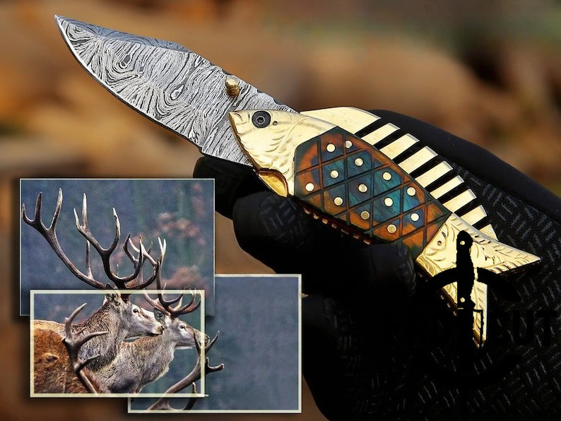 Pro Cut Trout Cutter - Handmade Damascus Pocket Knife Fish Folding knife Gift for men, Women on Birthday, Wedding Anniversary Gift for Husband