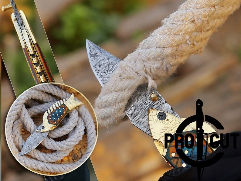 Pro Cut Trout Cutter - Handmade Damascus Pocket Knife Fish Folding knife Gift for men, Women on Birthday, Wedding Anniversary Gift for Husband