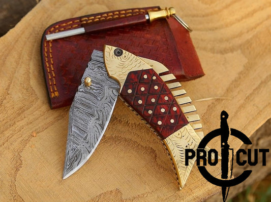 Pro Cut Trout Cutter -Handmade Fish Pocket Knife Damascus Folding Knife Red Handle Special Gift for Any Occasion