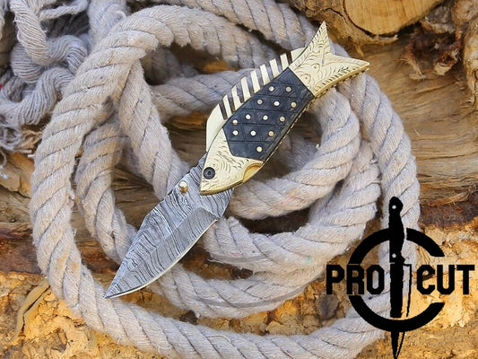 Pro Cut Trout Cutter - Hand Engraved Damascus Steel Fish Folding Pocket Knife , Best Knife Gift for Fishermen