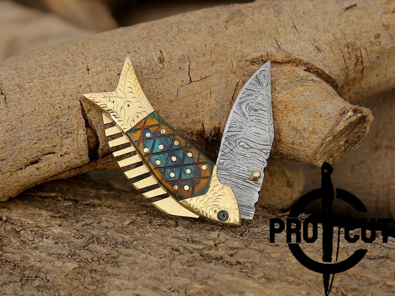 Pro Cut Trout Cutter - Handmade Damascus Pocket Knife Fish Folding knife Gift for men, Women on Birthday, Wedding Anniversary Gift for Husband
