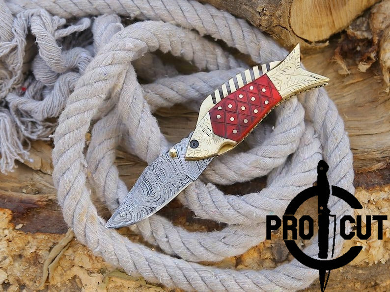 Pro Cut Trout Cutter - Damascus Steel Fish Folding EDC Pocket Knife with Red Wood Handle