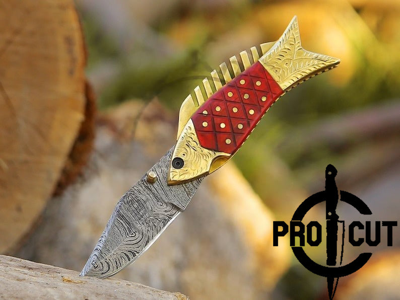 Pro Cut Trout Cutter - Damascus Steel Fish Folding EDC Pocket Knife with Red Wood Handle