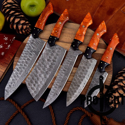 Pro Cut Forge Heart Damascus Steel Chef Set - Orange Resin Handle