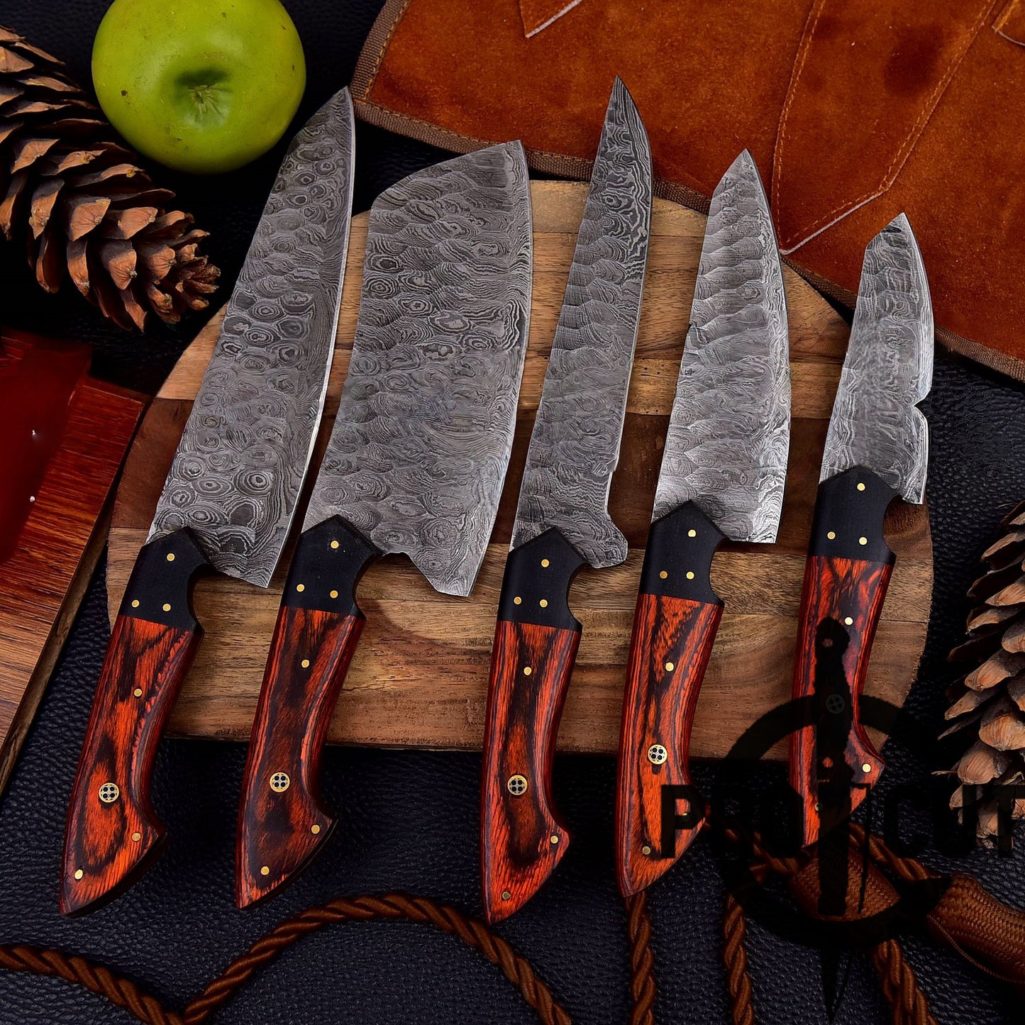 Pro Cut Forge Heart- Damascus Steel Chef Set with Red & Black Wood Handle