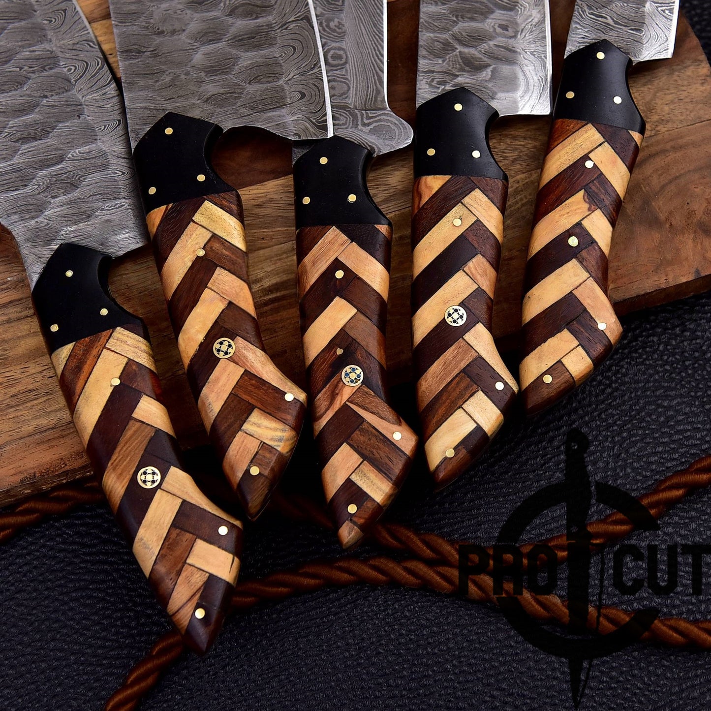 Pro Cut Forge Heart Damascus Steel Chef Set - Olive & Rosewood Handle