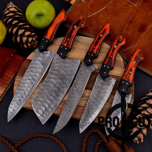 Pro Cut Forge Heart- Damascus Steel Chef Set with Red & Black Wood Handle