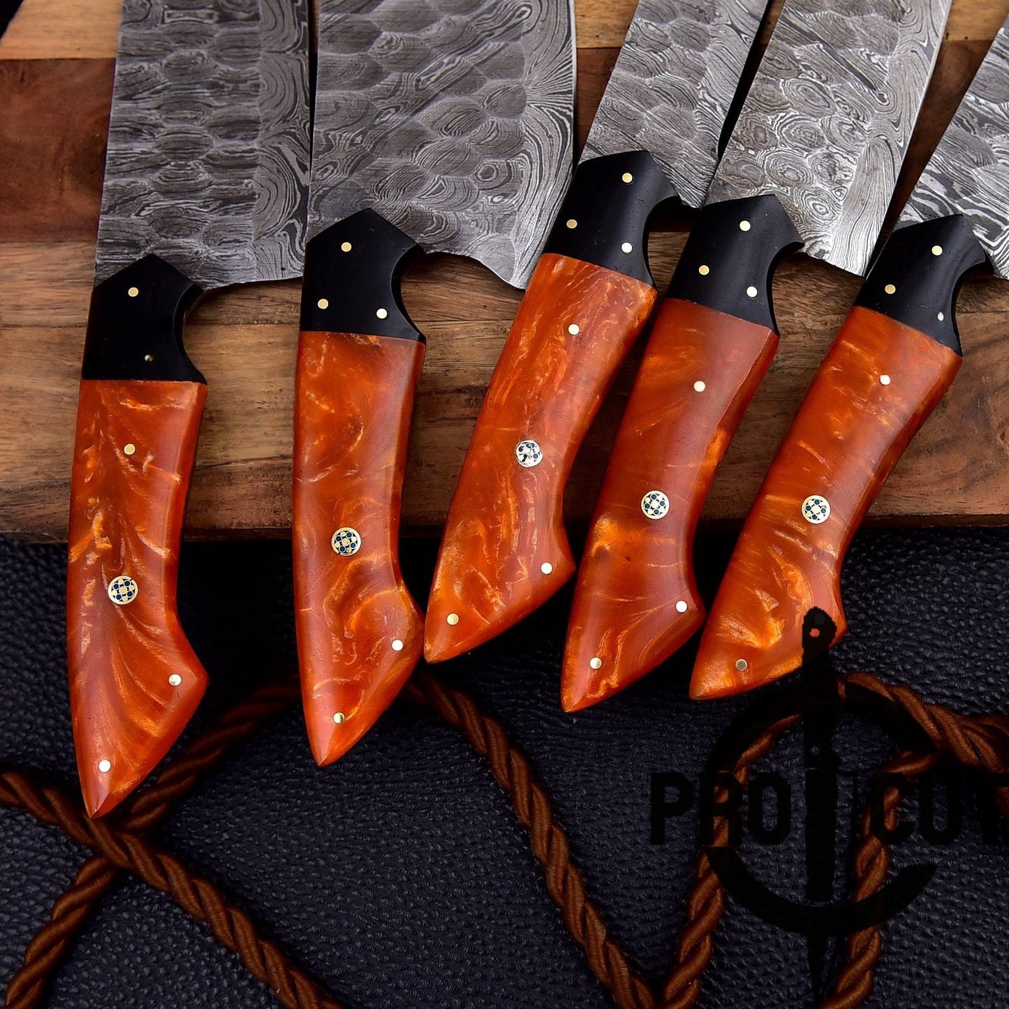 Pro Cut Forge Heart Damascus Steel Chef Set - Orange Resin Handle