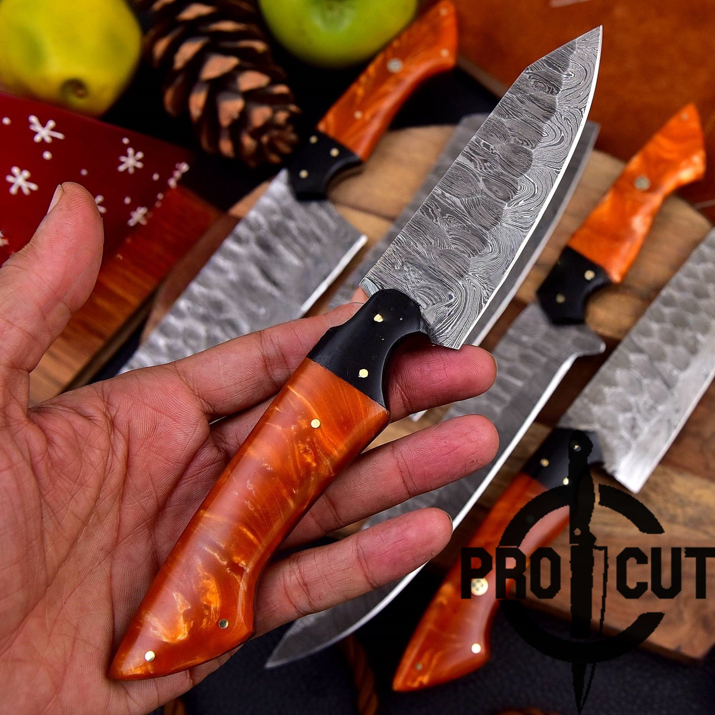 Pro Cut Forge Heart Damascus Steel Chef Set - Orange Resin Handle