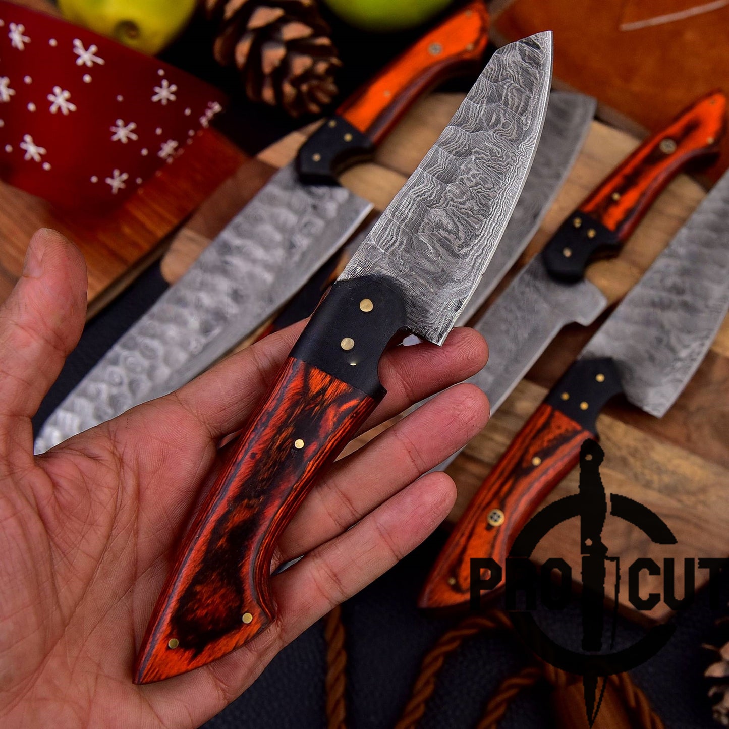 Pro Cut Forge Heart- Damascus Steel Chef Set with Red & Black Wood Handle