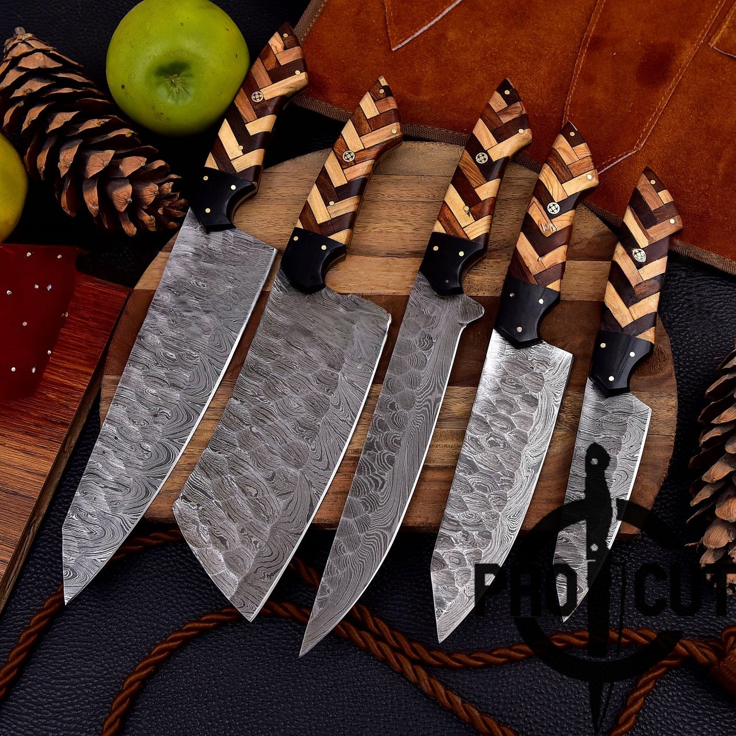 Pro Cut Forge Heart Damascus Steel Chef Set - Olive & Rosewood Handle