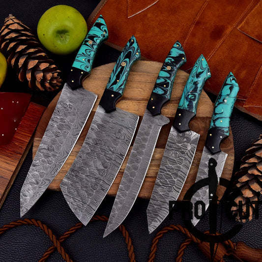 Pro Cut Forge Heart - Damascus Steel Chef Set with Epoxy Resin Handle
