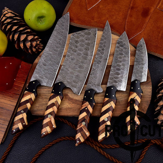 Pro Cut Forge Heart Damascus Steel Chef Set - Olive & Rosewood Handle
