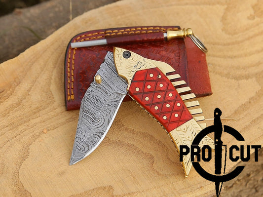 Pro Cut Trout Cutter - Damascus Steel Fish Folding EDC Pocket Knife with Red Wood Handle