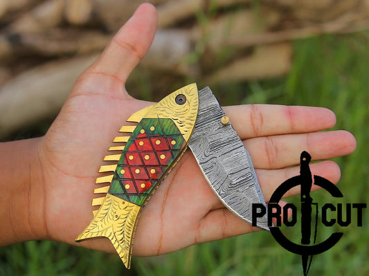 Pro Cut Trout Cutter -Handmade Damascus Steel Pocket Fishing Folding Knife | Camping Knife Halloween Gift
