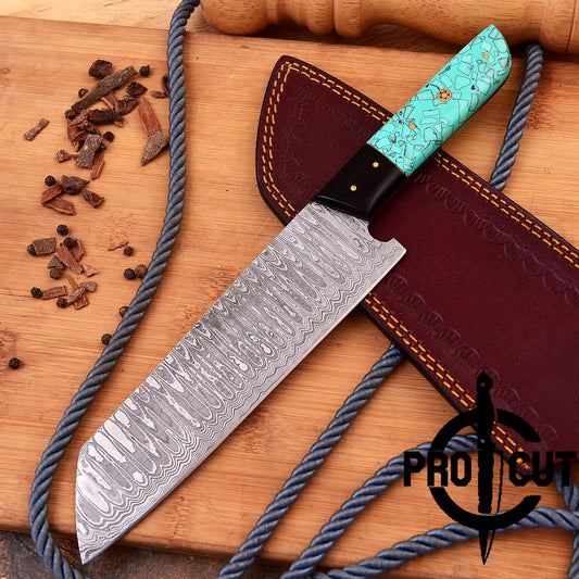 Pro Cut Soul Forge - Damascus Steel Full Tang Chef Knife with Turquoise Resin Handle