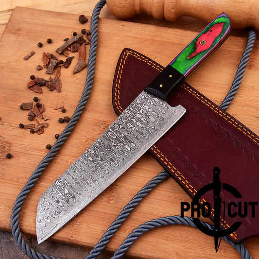 Pro Cut Soul Forge - Damascus Steel Chef Knife with Rainbow Wood Handle