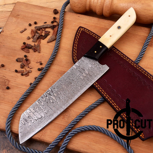 Pro Cut Soul Forge - Handmade Damascus Steel Santoku Chef Knife With Bone Handle