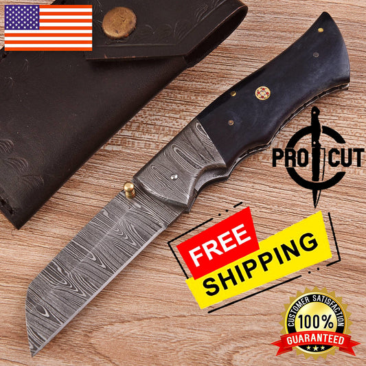 Pro Cut Handmade Damascus Steel Pocket Folding Knife with Dyed Camel Bone Handle
