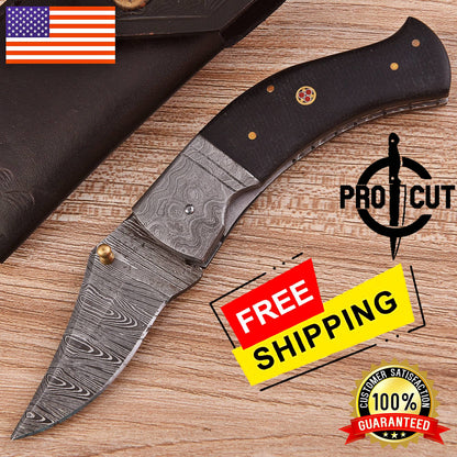 Pro Cut Handmade Damascus Steel Pocket Folding Knife with G10 Micarta Handle