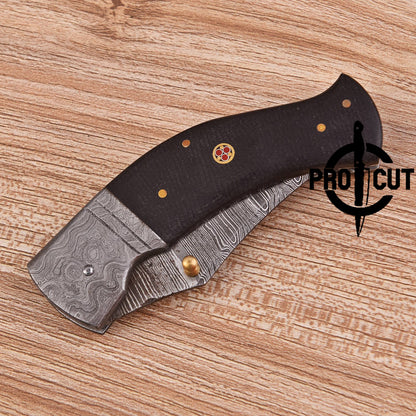 Pro Cut Handmade Damascus Steel Pocket Folding Knife with G10 Micarta Handle