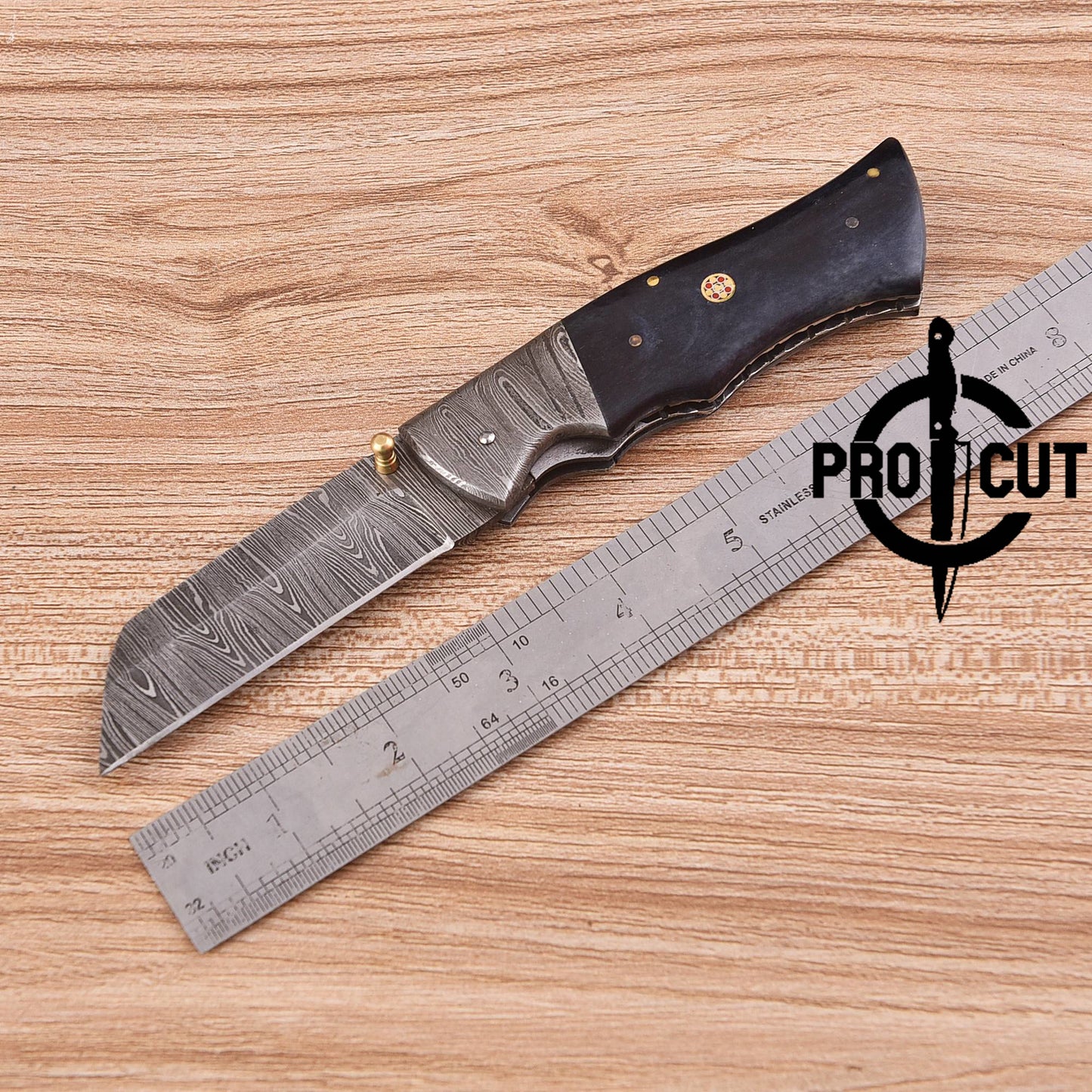 Pro Cut Handmade Damascus Steel Pocket Folding Knife with Dyed Camel Bone Handle