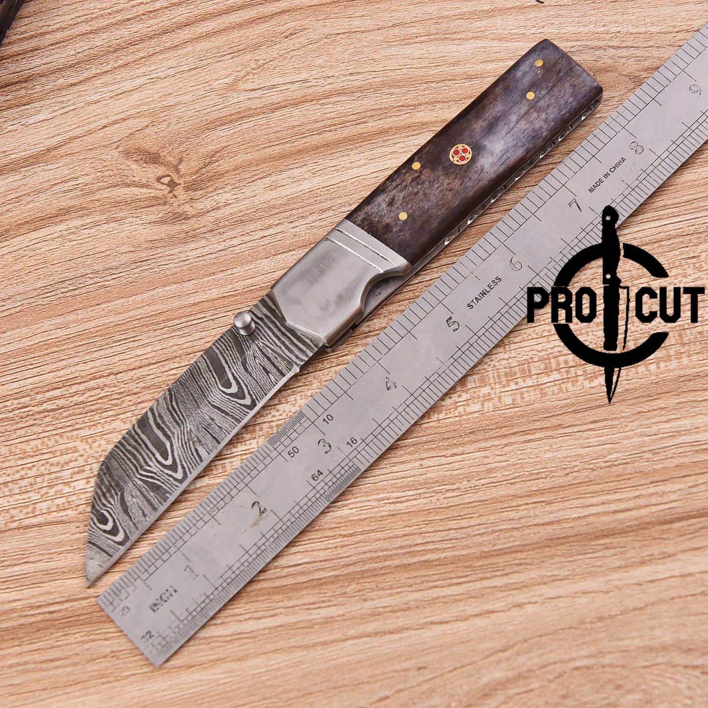 Pro Cut Handmade Damascus Steel Pocket Folding Knife with Dyed Camel Bone Handle