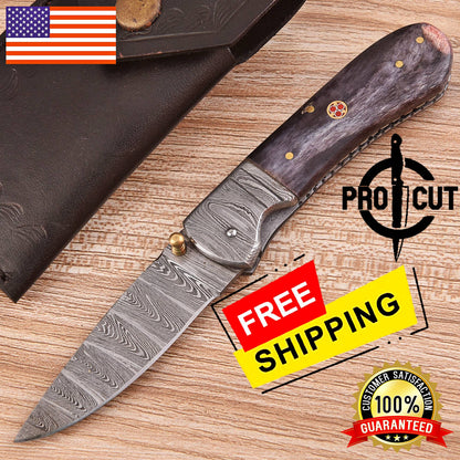 Pro Cut Handmade Damascus Steel Pocket Folding Knife with Dyed Camel Bone Handle