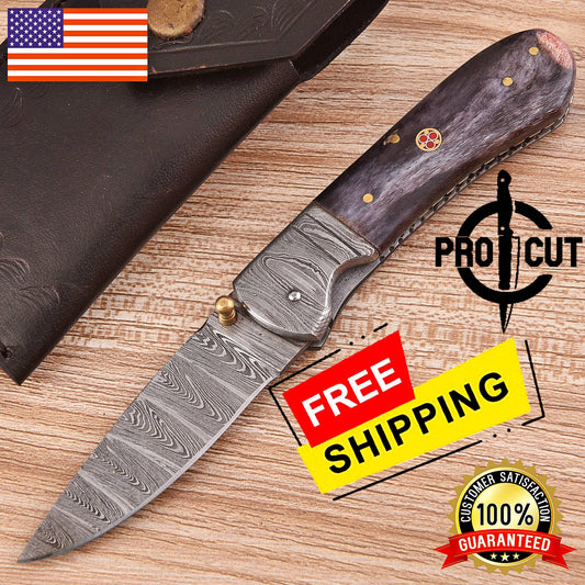 Pro Cut Handmade Damascus Steel Pocket Folding Knife with Dyed Camel Bone Handle