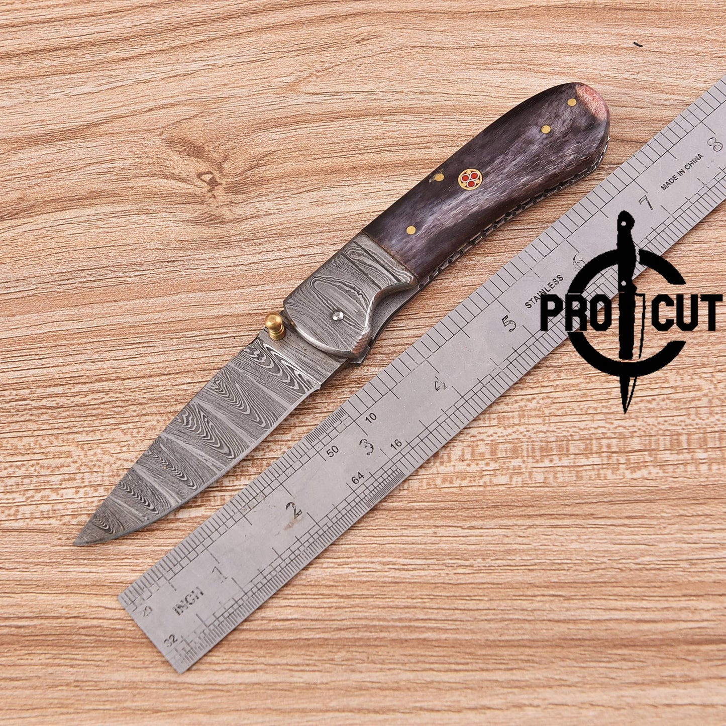 Pro Cut Handmade Damascus Steel Pocket Folding Knife with Dyed Camel Bone Handle