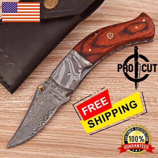 Pro Cut Handmade Damascus Steel Pocket Folding Knife with Dymond Wood Handle