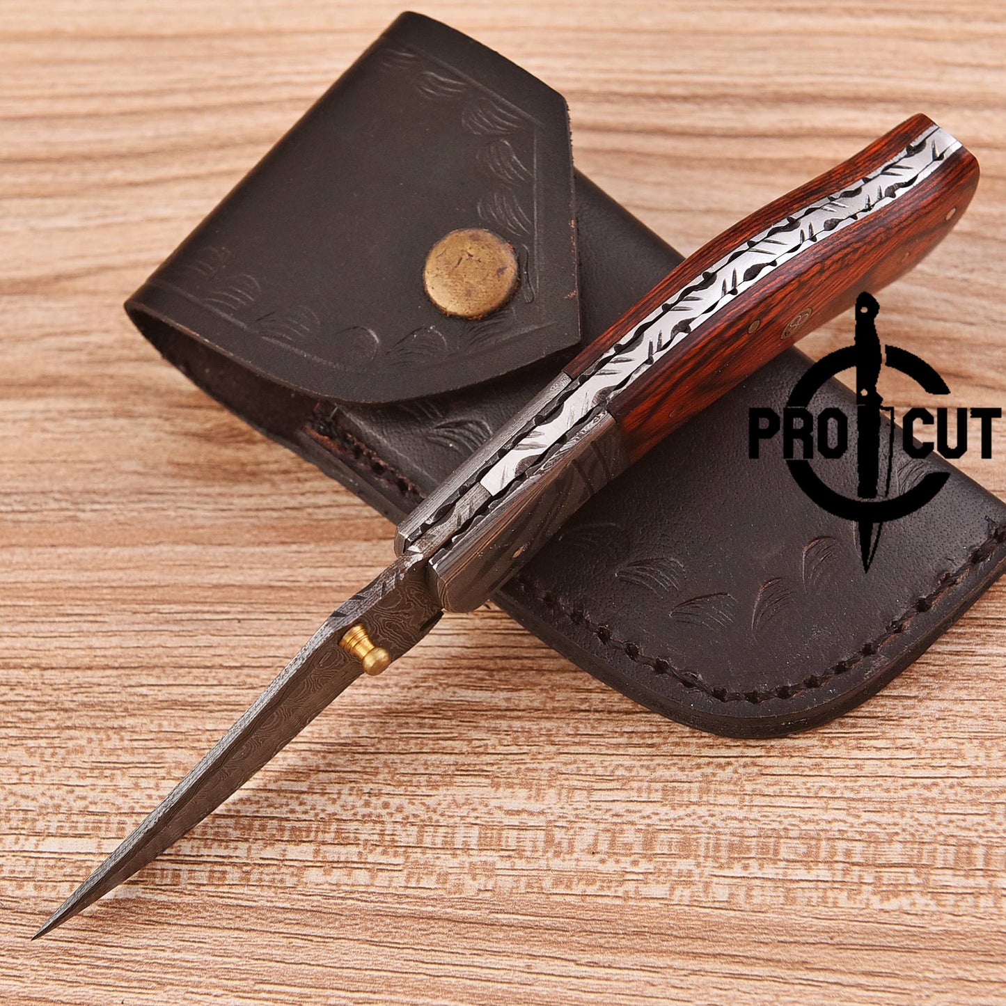 Pro Cut Handmade Damascus Steel Pocket Folding Knife with Dymond Wood Handle