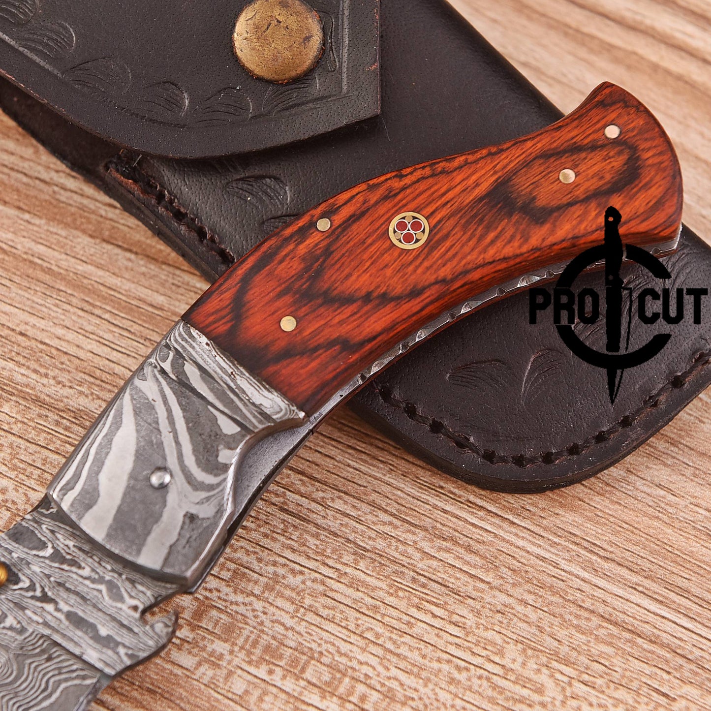 Pro Cut Handmade Damascus Steel Pocket Folding Knife with Dymond Wood Handle