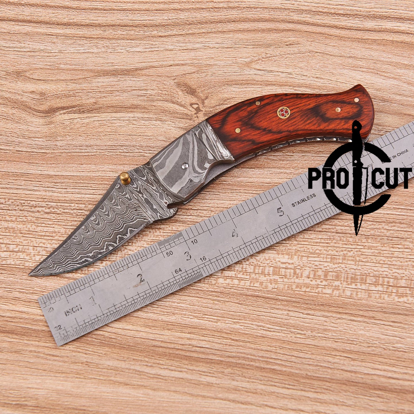 Pro Cut Handmade Damascus Steel Pocket Folding Knife with Dymond Wood Handle