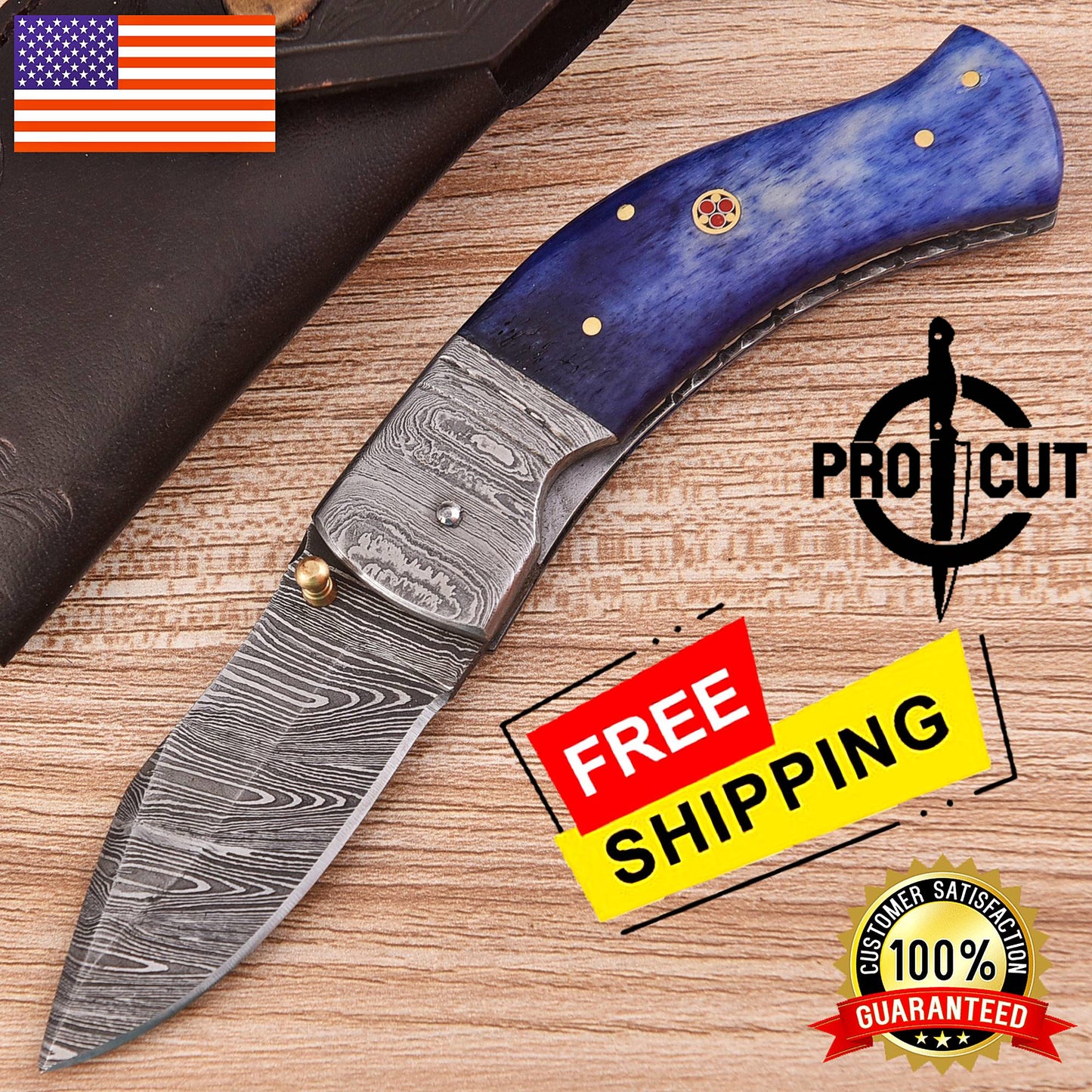 Pro Cut Handmade Damascus Steel Pocket Folding Knife with Camel Bone Handle