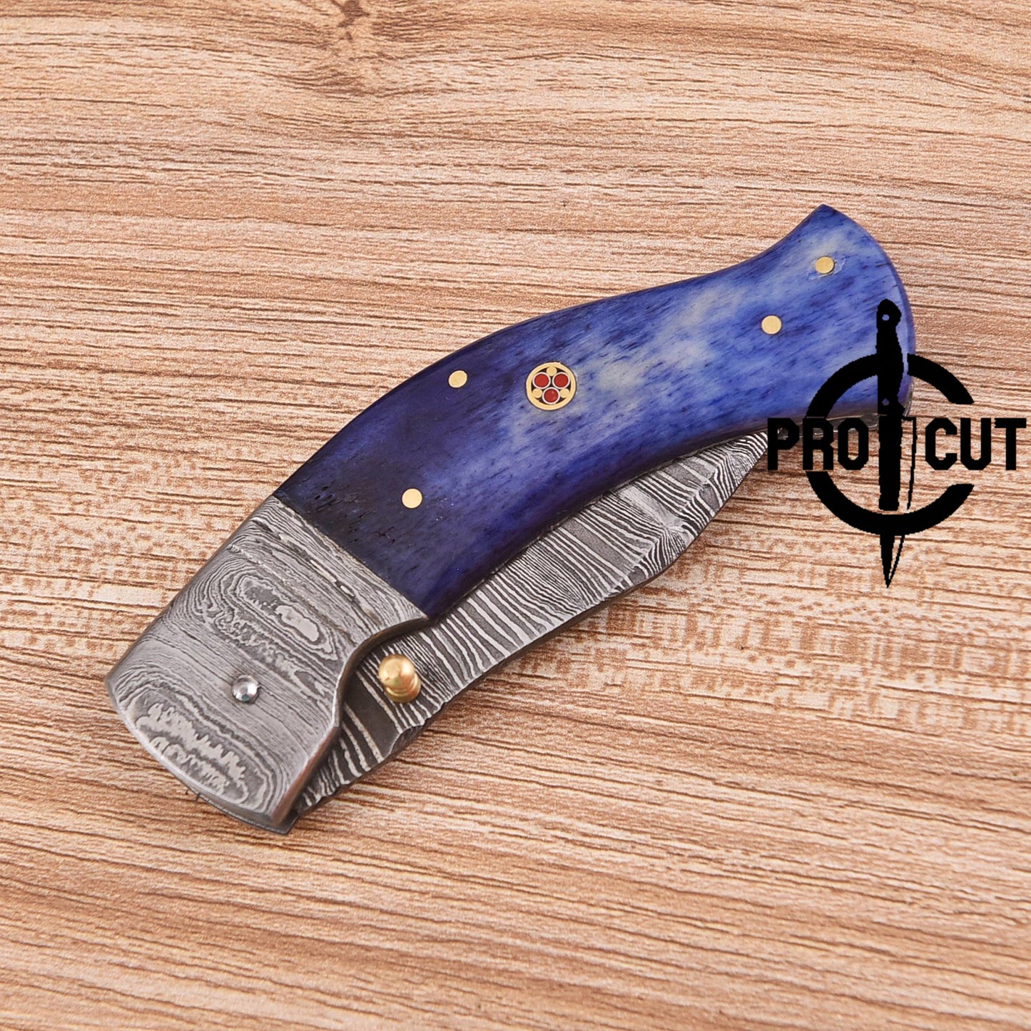 Pro Cut Handmade Damascus Steel Pocket Folding Knife with Camel Bone Handle